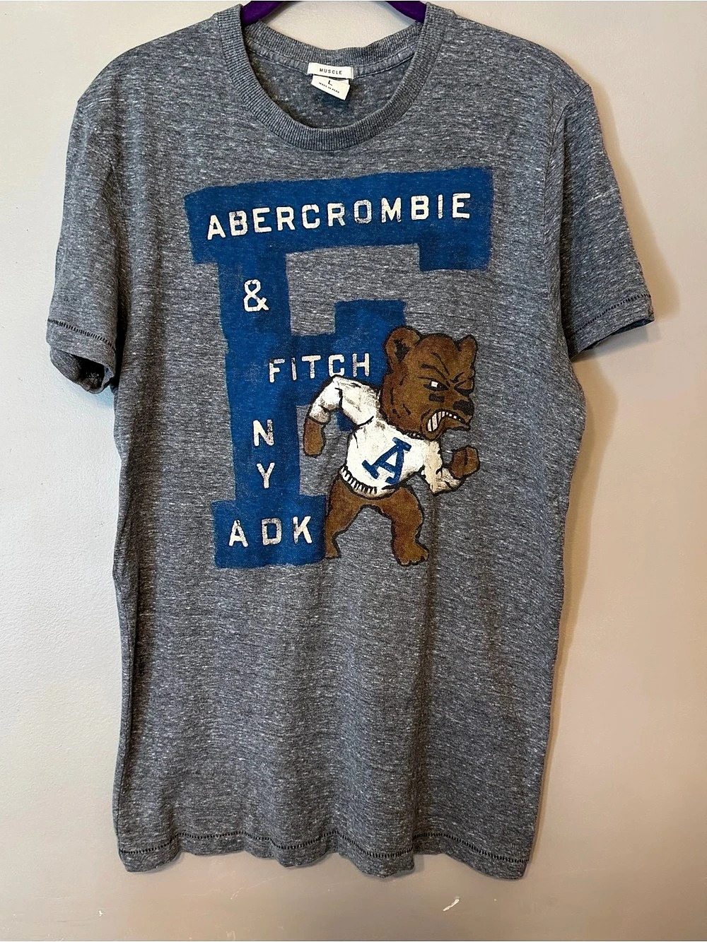 Abercrombie & Fitch Muscle Fit T-Shirt Mens L Gray Graphic Bear ADK Y2K Vintage